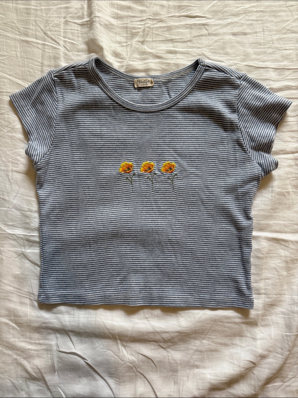 Brandy Melville Striped Light Blue Cropped Tee with Embroidered Yellow Flowers
